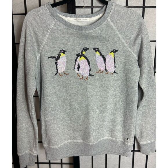 American Eagle Gray Sequin Penguin Sweatshirt - Picture 1 of 9